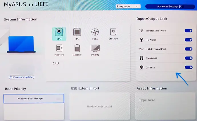 Переключатель камеры в UEFI на ноутбуке