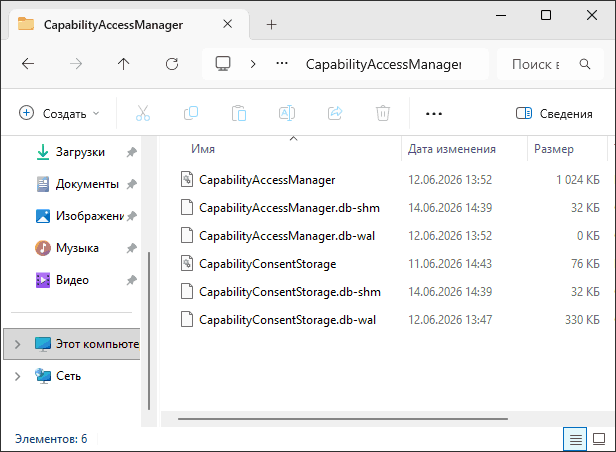 Пример папки CapabilityAccessManager в Windows 11