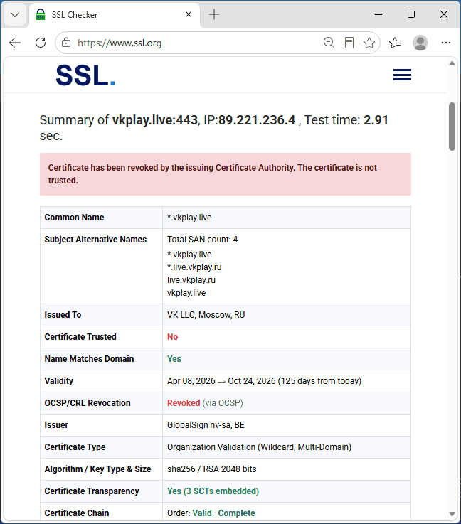 Информация об отзыве сертификата на ssl.org