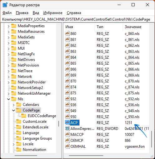 Настройки кодовой страницы в реестре Windows