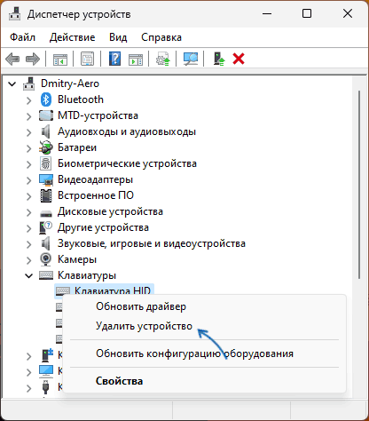 Удаление клавиатуры в диспетчере устройств