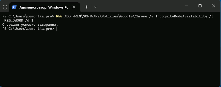 Команда отключения режима Инкогнито в Chrome