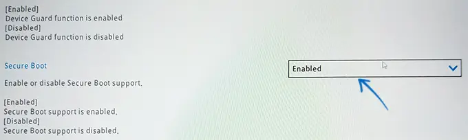 Пример опции для отключения Secure Boot