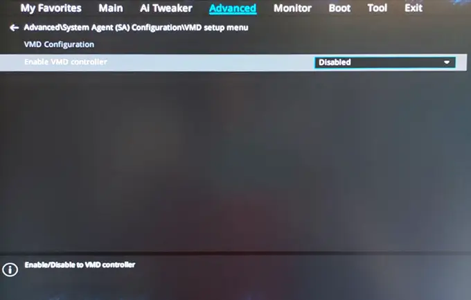 Отключение контроллера VMD в UEFI