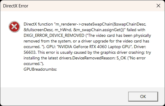Пример сообщения об ошибке DXGI_ERROR_DEVICE_REMOVED в Windows 11