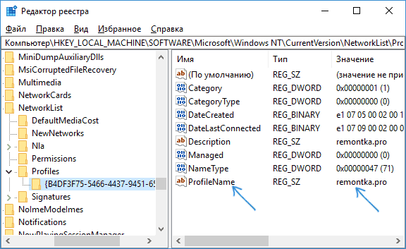Имя сети в реестре Windows 10