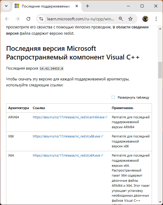 Официальные загрузки Visual C++ Redistributable
