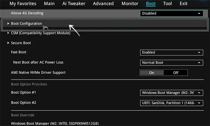 Открыть Boot Configuration