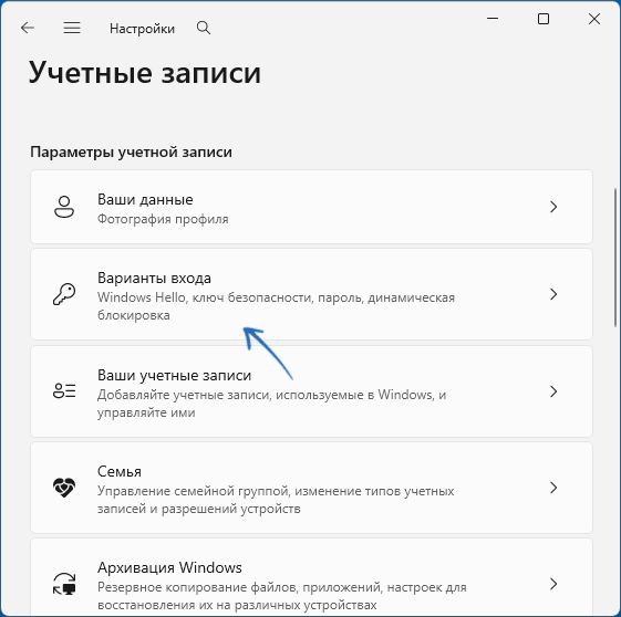 Варианты входа в параметрах учетных записей