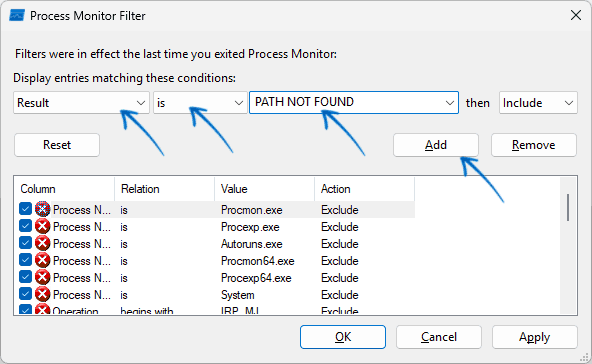 Настройка фильтра по PATH NOT FOUND в Process Monitor