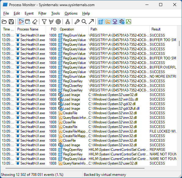 Отслеживание процесса SecHealthUI.exe в Process Monitor