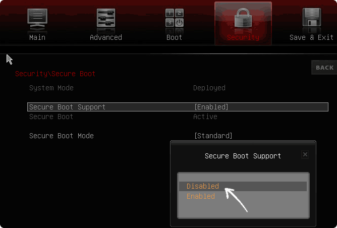 Пример отключения Secure Boot