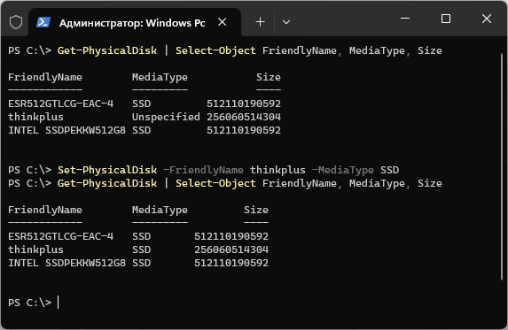 Изменение типа диска в PowerShell