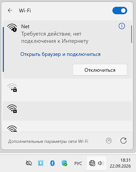 Пример сообщения: Требуется действие, нет подключения к Интернету в Windows 11