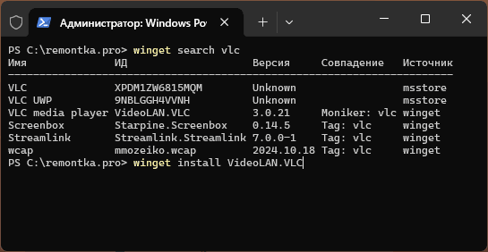 Поиск и установка программы в Winget